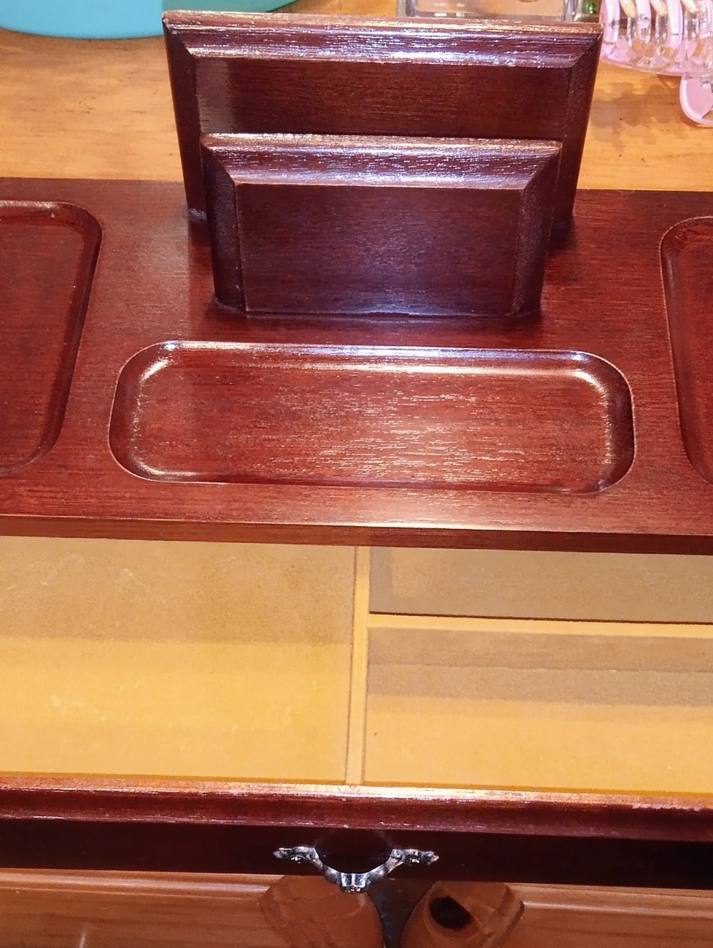 Vintage London Leather Wooden Desk Organizer in Rich Brown With Drawer.